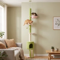 PawHut Krabpaal met kattenhuisje, hangmat, verstelbare hoogte en stoffen bekleding, groen(m-9)