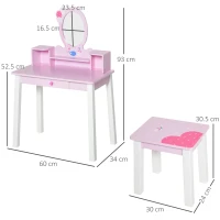 HOMCOM Toeletta per Bambine 3+ Anni in Legno, Set Tavolo da Trucco Giocattolo con Specchio e Sgabello, Rosa(m-3)