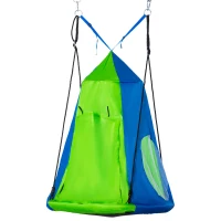 Outsunny Balançoire nid d'oiseau Ronde avec Tente Amovible Ø 100 cm 4 Anneaux Inclus métal époxy Oxford Haute densité - Vert et Bleu(m-11)