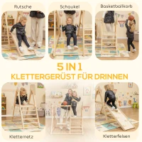 AIYAPLAY 5-in-1 indoor klimrek met glijbaan, schommel, klimnet, basketbalring, opvouwbaar, 3-6 jaar, natuurhout(m-4)