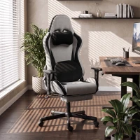 HOMCOM Silla Gaming Ergonómica con Masaje Calefactable Reposapiés y Tapizado de Tela Gris(m-6)