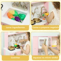 AIYAPLAY Cozinha de Brincar em Madeira com Som Acessórios em Aço Inoxidável Micro-Ondas Forno Lava-Loiças Legumes para Cortar 55x24x96 cm Rosa(m-5)