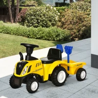 HOMCOM Porteur tracteur enfants avec coffre amovible, râteau et pelle, voiture enfants avec lumière LED et klaxon, jaune(m-2)
