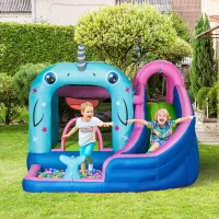 Outsunny Gioco Gonfiabile per Bambini 3-8 Anni a tema Narvalo con Borsa, 11 Paletti e Toppe Inclusi, 330x280x200 cm(m-10)