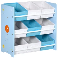ZONEKIZ Mobiletto Portagiochi con 9 Cestini Rimovibili in MDF e Tessuto, 63x30x60cm, Azzurro(m-1)