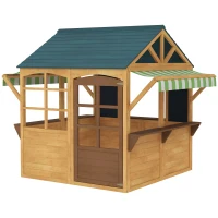 AIYAPLAY Casinha de Jogos Infantil de Madeira com Janelas Lousas Telhado e Toldo 173x117x144 cm Madeira Natural(m-11)