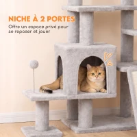 PawHut Arbre à Chat 5 niveaux 152cm, Niche, Hamac, Plateforme, Poteaux à Griffer, Balles Suspendues, Gris Clair(m-7)