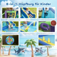 AIYAPLAY 8-in-1 aufblasbar Hüpfburg mit Hai-Design Gebläse Rutsche Planschbecken Trampolin für 3–8 Jahre 405x345x235cm Mehrfarbig(m-4)