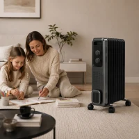 HOMCOM 2000W Oil Filled Radiator, 9 Fin, Portable Electric Heater with 3 Heat Settings, Safety Cut-Off and Wheels, Grey(m-8)