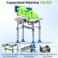 HOMCOM Silla Ducha Personas Mayores Antideslizante con Respaldo Altura Ajustable Soporte para Alcachofa Carga 150 kg Azul(m-4)