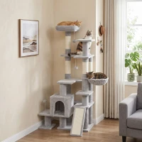 PawHut Arbre à Chat 5 niveaux 152cm, Niche, Hamac, Plateforme, Poteaux à Griffer, Balles Suspendues, Gris Clair(m-11)
