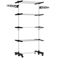 HOMCOM Tendedero Vertical de 4 Niveles con Ruedas 2 Laterales Abatibles Estantes Ajustables y Marco de Acero Negro y Plata(m-1)