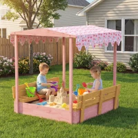 AIYAPLAY Wooden Sandbox with Lid, Flamingos Print Canopy, Kids Outdoor Sand Pit with Foldable Bench Seats, Bottom Liner, Pink(m-2)