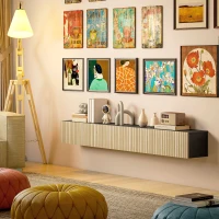 HOMCOM Meuble TV suspendu 140cm, meuble télé pour téléviseur 72 pouces, 2 portes rabattables, 140x25x22cm, bois naturel et noir(m-8)