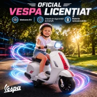 AIYAPLAY Motocicletă Electrică pentru Copii cu Licență Vespa, Baterie Reîncărcabilă 6V, Roți Ajutătoare și Lumini, 2-4 Ani, Albă(m-4)