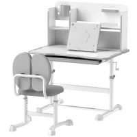 AIYAPLAY Set Scrivania e Sedia per Bambini Regolabili, Banco Scuola con Piano Inclinabile, Cassetto, Scaffale, Grigio(m-11)