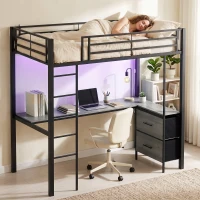 HOMCOM Metal Bunk Bed with Desk, High Sleeper Bed with LED Light and Safety Guardrail for Teens Adults, No Box Spring Needed(m-8)