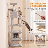 PawHut Árbol Rascador para Gatos 204 cm Multinivel con 2 Cuevas Hamaca 2 Camas Postes de Sisal Escalera y 2 Bolas Gris Claro(m-7)