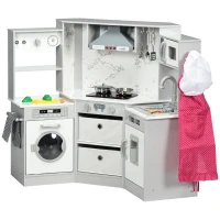 AIYAPLAY Cuisine enfant en bois avec 17 accessoires légumes en plastique boutons et lumières toque 3-6 ans gris blanc(m-12)