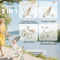 AIYAPLAY Triciclu pentru copii 5 în 1 cu mâner de împingere și acoperire detașabilă, 96.5x49x101 cm, alb crem(m-4)