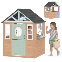 AIYAPLAY Wooden Playhouse for Kids, Wendy House with Pet Door, Play Kitchen, Half Door and Windows for Indoor Outdoor, Ages 2+(m-15)