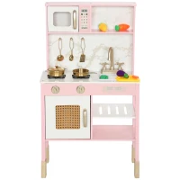 AIYAPLAY Cozinha de Brincar em Madeira com Som Acessórios em Aço Inoxidável Micro-Ondas Forno Lava-Loiças Legumes para Cortar 55x24x96 cm Rosa(m-11)