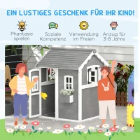 Outsunny Speelhuis voor kinderen, huis voor binnen en buiten met deur, ramen en plantenbak, dennenhout, grijs(m-6)