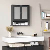kleankin Armario de Baño con Espejo Armario de Pared con 2 Puertas Estante Abierto Estante Ajustable 56x13x58cm Negro(m-7)