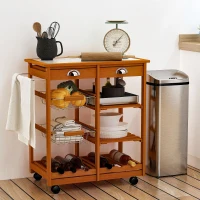HOMCOM Chariot de Service Cuisine Desserte à roulettes Multi-rangements tiroirs paniers étagères Range Bouteilles Bois de pin(m-10)