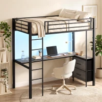 HOMCOM Metal Bunk Bed with Desk, High Sleeper Bed with LED Light and Safety Guardrail for Teens Adults, No Box Spring Needed(m-14)