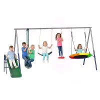 AIYAPLAY Balançoire Portique Enfants 5 en 1 avec Toboggan, 3 Balançoire, Face à Face, Hauteur Réglable, 3-8 ans, Multicolore(m-12)