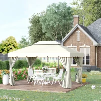 Outsunny Tonnelle de jardin extérieur 4 x 3 m, barnum avec toit double, rideaux et moustiquaire, tente de réception en aluminium, tonnelle pour terrasse patio mariage baptême, crème(m-10)