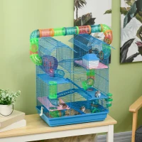 PawHut Cage pour Hamster Souris Petit Animaux Rongeur avec Tunnel Mangeoire Roue Jouet 47 x 30 x 59 cm Bleu(m-2)