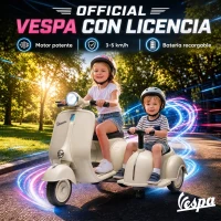 AIYAPLAY Moto Eléctrica para Niños Licencia VESPA con 2 Asientos Arranque Suave Luz Delantera Música USB y Almacenamiento Crema(m-4)