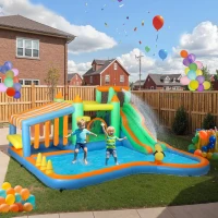 AIYAPLAY 8 in 1 Inflatable Bounce House with 550W Blower, Slide, 2 Pools, Basketball Hoop, Climbing Wall, Water Gun, Ring Toss(m-2)