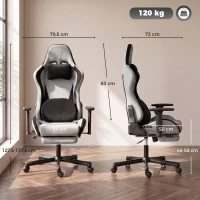 HOMCOM Ergonomischer Gaming-Stuhl mit Beheizter Massage, Fußstütze, Stoff, Grau(m-3)