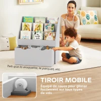 AIYAPLAY Bibliothèque pour enfants Multi-Rangement avec 3 niveaux d'étagères et un tiroir, 62,5L x 30l x 70H cm, gris(m-6)