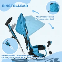 HOMCOM Kinderdriewieler, Kinderfiets, Achtermand, Bekerhouder, Zonnedak, Metaal, Blauw(m-5)