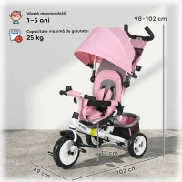 HOMCOM Triciclu pentru Copii 1-5 Ani cu Mâner Reglabil, Acoperiș Ajustabil, 102x49x102 cm, Alb și Roz(m-3)