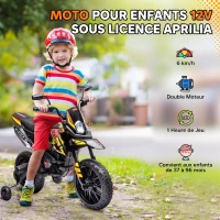 AIYAPLAY Moto électrique enfants sous licence Aprilia avec 2 moteurs 12V, roues d'entraînement, lumière LED, musique - jaune(m-4)