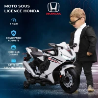 HOMCOM Moto Électrique Enfants sous Licence HONDA 6 V, 3 Km/h, Musique & Lumière, 2 Roues d'Entraînement, Blanc(m-6)
