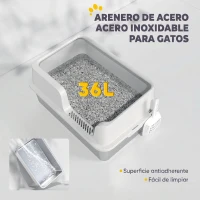 PawHut Arenero para Gatos de Acero Inoxidable XL Caja de Arena para Gatos Grandes Arenero con Borde Alto Pala Gris Claro(m-5)