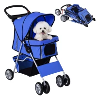 PawHut Pet Stroller for Small Miniature Dogs Cats Foldable Travel Carriage with Wheels Zipper Entry Cup Holder Storage Basket Blue(m-1)
