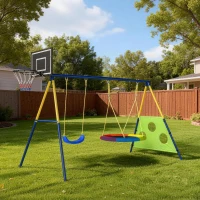 AIYAPLAY 4-in-1 Kids Swing Set with Saucer Swing, Basketball Hoop and Football Goal, Outdoor Playground Playset for Garden(m-10)