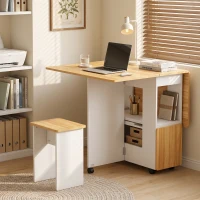 HOMCOM Conjunto Mesa de Comedor Plegable y 4 Taburetes Ocultos 2 Alas Abatibles Ruedas Estantes Roble(m-9)