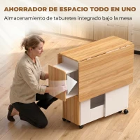 HOMCOM Conjunto Mesa de Comedor Plegable y 4 Taburetes Ocultos 2 Alas Abatibles Ruedas Estantes Roble(m-5)