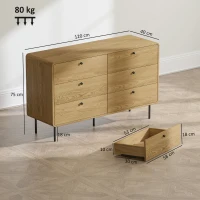 HOMCOM Commode 6 tiroirs meuble de rangement style moderne coins arrondis et pieds en acier 120 x 40 x 75cm effet bois de chêne(m-3)