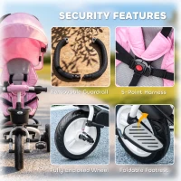 HOMCOM Metal Frame 6 in 1 Baby Push Tricycle with Parent Handle for 1-5 Years Old, Pink(m-8)