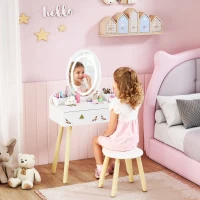 AIYAPLAY Kids Vanity Table and Chair Set with 3-Colour LED Lights Mirror, Drawer, Storage Boxes, for 3+ Years, White(m-2)