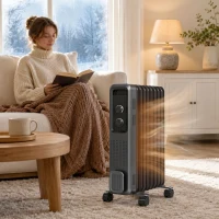 HOMCOM 2000W Oil Filled Radiator, 9 Fin, Portable Electric Heater with 3 Heat Settings, Safety Cut-Off and Wheels, Grey(m-14)